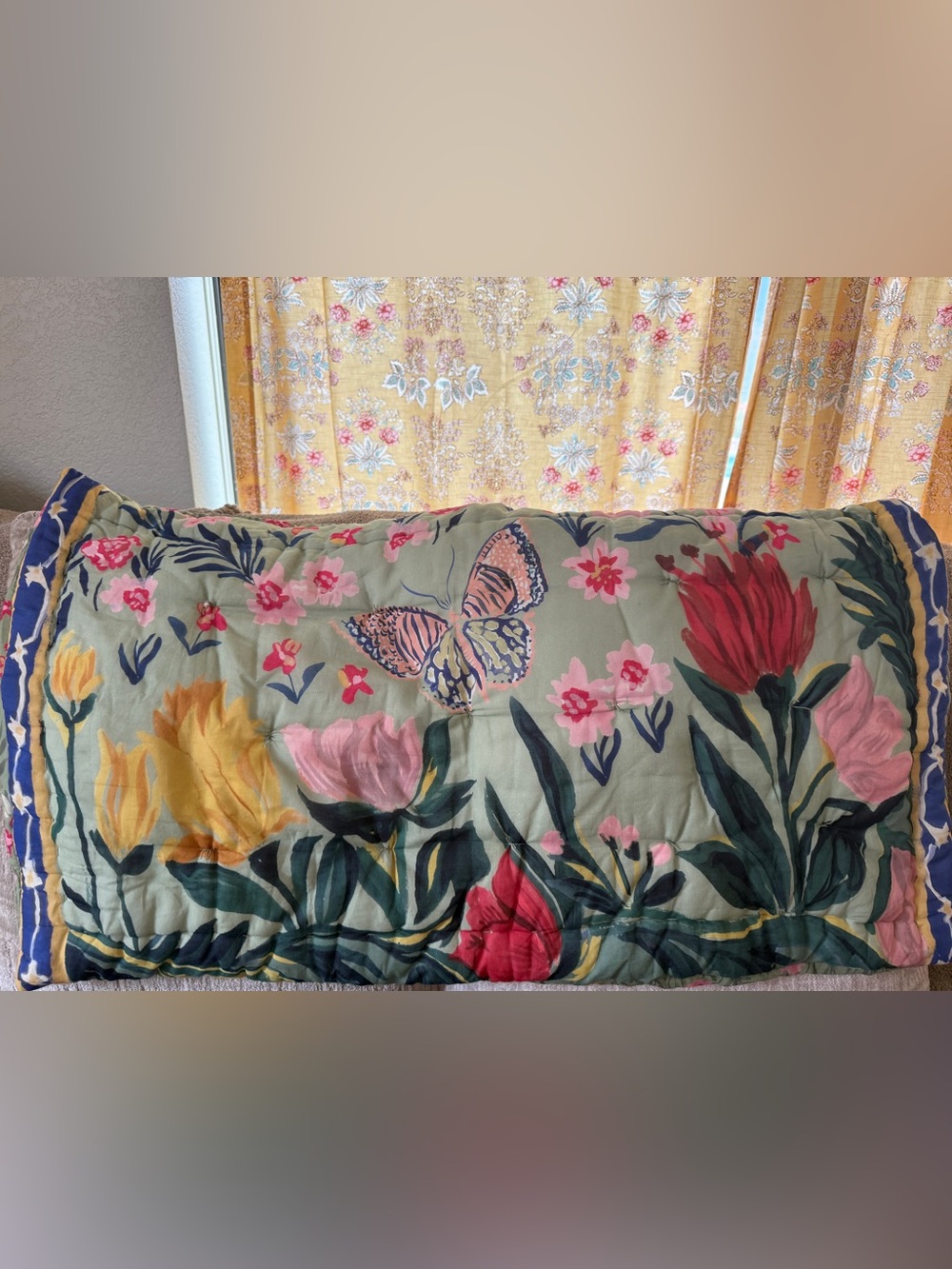 Anthropologie Floral Green Pink Yellow Cotton Pillow Cover